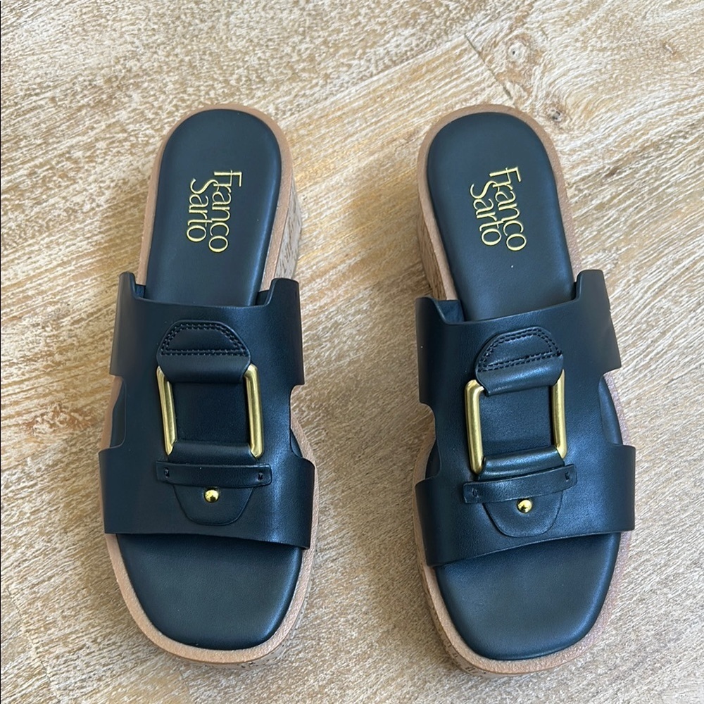 Franco Sarto Womens Black Leather Cork Platform Slide Sandals Gold Buckle 7.5
